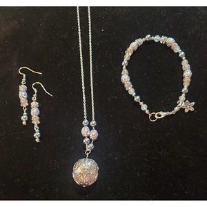 HANDCRAFTED Silver Tone Necklace Bracelet & Earrings Beaded Rhinestone Jewelry